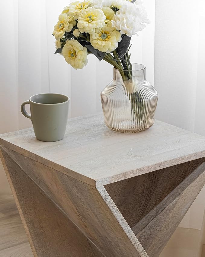Modern Hand Made One-of-a-Kind Carved Mango Wood End Table, Farmhouse Side Table,Farmhouse End Table,Living Room,Bedroom, Accent Table, Contemporary Architectural Designed Whitewash,Assembled