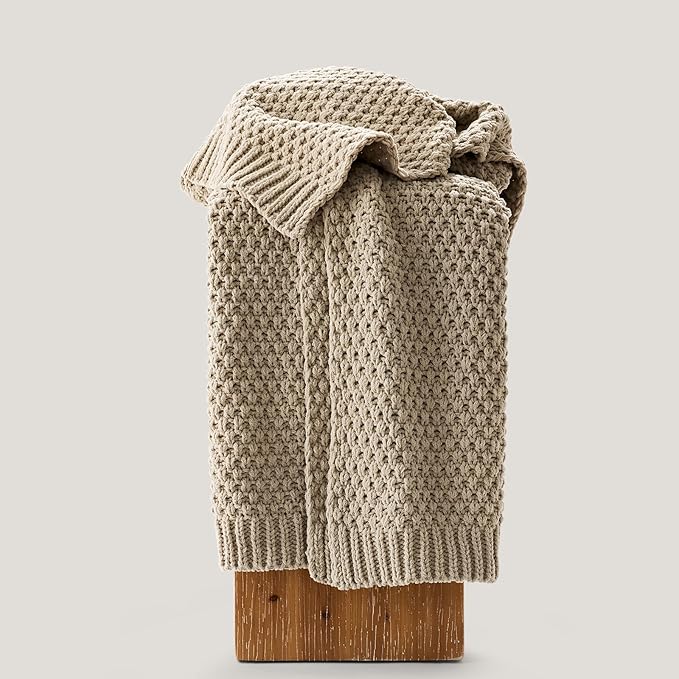 EVERGRACEHOME Chunky Chenille Knit Throw Blanket for Couch, Soft Luxurious Moss Stitch Blankets for Bed, Cozy Decorative Farmhouse Knitted Throws for Sofa, Sand Dune, 60" x 80"