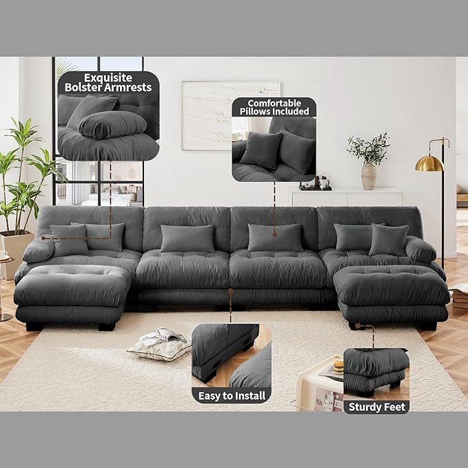 Modular Sectional Sofa U Shaped Sectional Couch, 4 Seater Cloud Couch with Ottoman, Modern Oversized Deep Seat Couches for Living Room, Comfy Chenille Sofa with 6 Throw Pillows, Gray