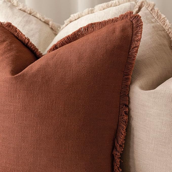 Foindtower Set of 2 Decorative Linen Fringe Throw Pillow Covers Farmhouse Cushion Cover with Tassels Soft Accent Pillowcase for Couch Chair Sofa Bed Living Room Home Decor,18×18 Inch,Fall Rust Orange