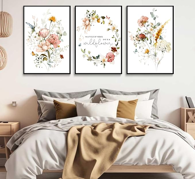 3Pcs Pink Flowers Canvas Wall Art In A Field Of Roses She Is A Wildflower Painting Picture Decor Watercolor Wreath Poster Print Artwork for Nursery living room Girls Room Home Decoration Unframed