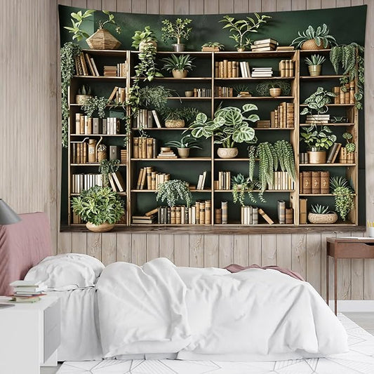 HVEST Green Plant Bookshelf Tapestry Book on Bookshelf and Plant Potted Tapestry Wall Hanging Reading Wall Art Decor for Study Room Bedroom Living Room College Dorm, 40L x 60W Inches