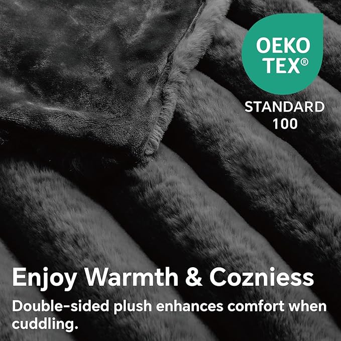 BEDELITE Faux Fur Throw Blanket for Couch, Soft and Cozy Luxurious 3D Striped Fluffy Blanket, 770GSM Thick Warm Plush Fuzzy Faux Rabbit Fur Blanket for Women Gift (Black, 60"x 80")