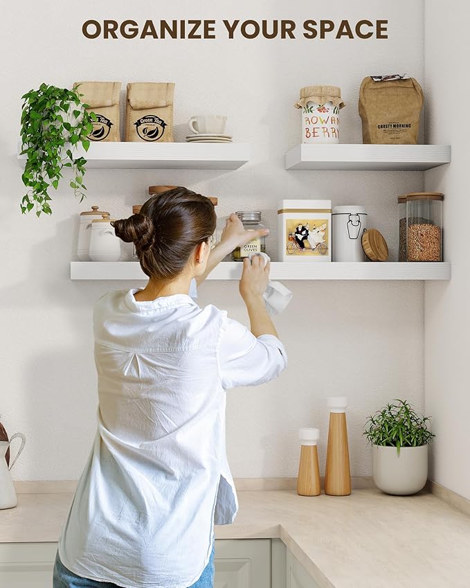 Marsmiles 6.7" Floating Shelves for Wall, Wooden Shelves with Invisible Brackets Set of 2, Rustic Farmhouse Wall Mounted Shelf for Kitchen Bathroom Living Room Study, White