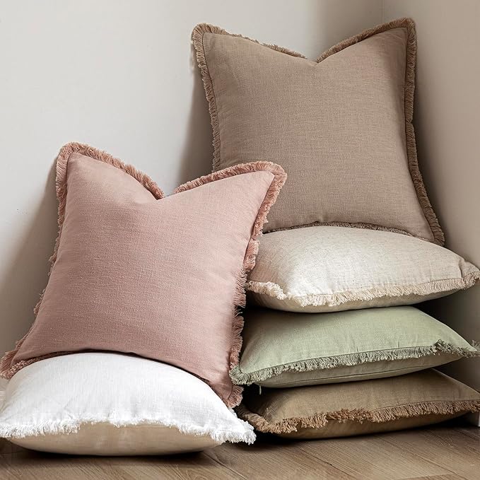 Foindtower Decorative Linen Fringe Throw Pillow Covers Cozy Boho Farmhouse Cushion Cover with Tassels Soft Accent Pillowcase for Chair Sofa Bed Living Room Home Decor, 22×22 Inch, 1PC,Light Pink