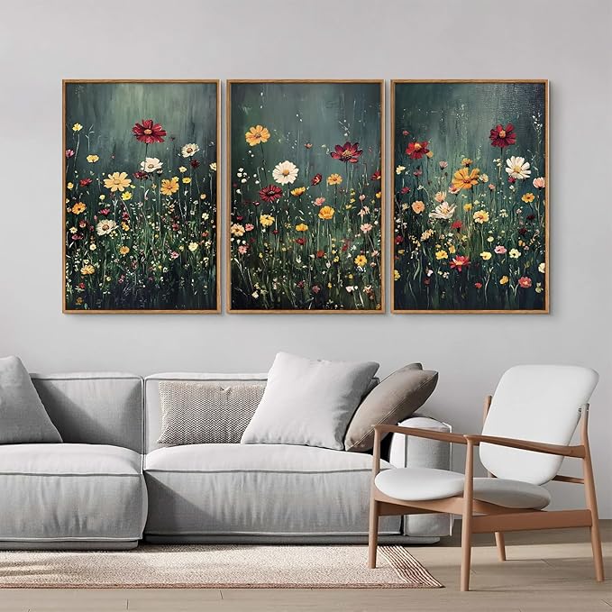 SIGNINART Vintage Floral Framed Canvas Wall Art, Dark Moody Wildflowers Wall Decor, Boho Abstract Flowers Artwork, Colorful Botanical Aestheticrt Art Paintings for Bedroom Living Room Office 16"x24"x3