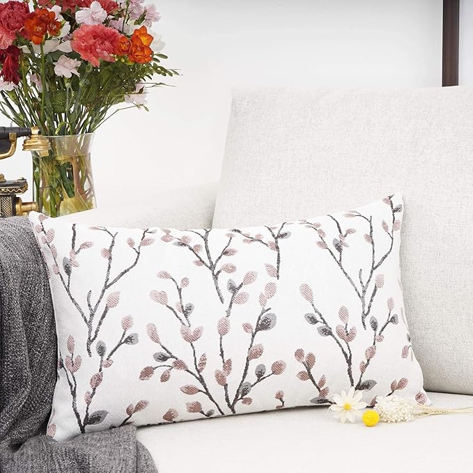 YOUR SMILE Classical Embroidery Jacquard Farmhouse Oblong Rectangle Chenille Red Leaf Decorative Throw Pillow Case,12x20 inch