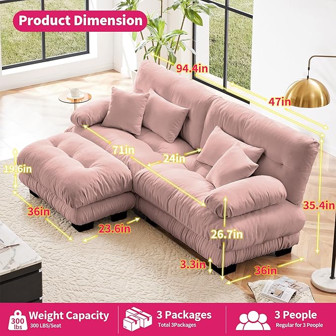 Loveseat Modular Sectional Sofa, L Shaped Couch with Ottoman, Cloud Couch Sectional Couch Home Sofa Living Room Oversized Couch Deep Seat Couch with Round Bolster Armrests 4 Pillows(Pink)