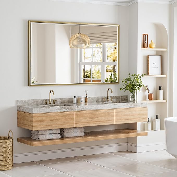 60 x 36 Gold Bathroom Mirror, Brushed Gold Beveled Bathroom Mirror, Shatterproof Large Gold Frame Rectangle Mirror, Brushed Brass Gold Framed Vanity Mirror Vertical/Horizontal Wall-Mounted