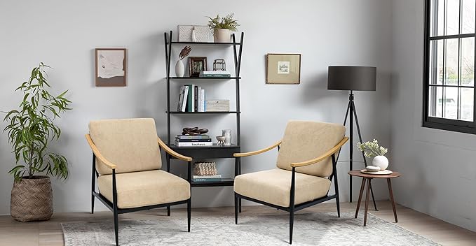 Modern Accent Chairs Set of 2 for Living Room Bedroom Mid Century Arm Chairs Upholstered Office Accent Chairs Comfy Waiting Room Chairs with Metal Frame, Khaki