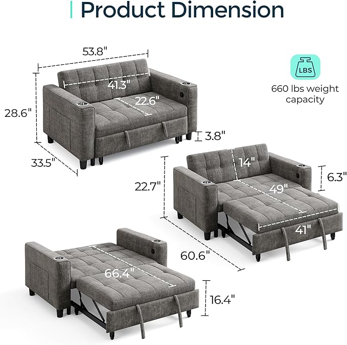 LINSY 3-in-1 Convertible Sofa Bed, 54" Pull Out Sleeper Sofa with Charging Station & Cup Holder, Small Folding Loveseat with Side Pocket for Small Space, Corduroy Couch, Gray