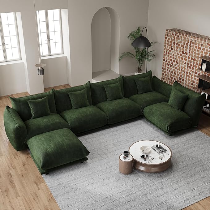Modern Minimalist Chenille Modular Sectional Sofa, Oversized Deep-Seat U-Shaped Couch with Movable Ottoman, Thick Cushions, Upholstered Sofa for Living Room, Bedroom, Office, Apartment Green 1 Ottoman