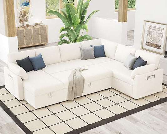 VanAcc Pull Out Sofa, 112 Inch Oversized U Shape Sleeper Sofa Couch with Storage Chaise & 3 Seater, Comfy Couch with Pull Out Bed for Living Room, White Boucle