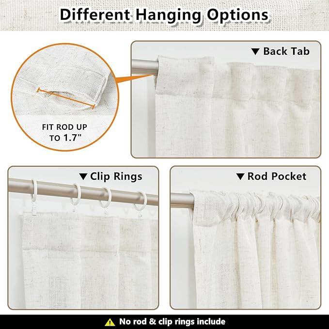 MYSKY HOME Linen Curtains for Sliding Glass Door, Back Tab Semi Sheer Curtain Panels Extra Long Floor Length Drapes Linen Texture Soft Touch Country Curtains, 50x102 Inch, Linen, Set of 2