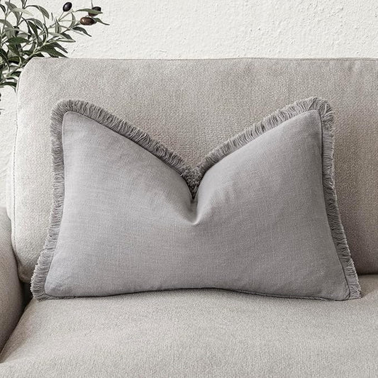 Foindtower Decorative Linen Fringe Throw Pillow Covers Cozy Boho Farmhouse Cushion Cover with Tassels Accent Pillowcase for Chair Sofa Bed Living Room Home Decor, 12×24 Inch, 1PC,Light Rustic Gray