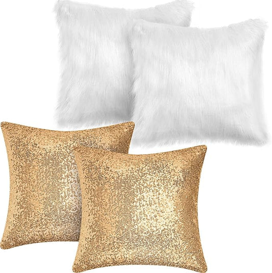 Irenare 4 Pcs Sequin and Fluffy Pillow Covers Winter Throw Pillow Cases Soft Cushion Cover for Couch Bed Sofa Xmas Day(18 x 18 Inch,Gold, White)