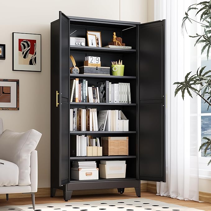Kitchen Pantry Storage Cabinet with Doors and Adjustable Shelves, Metal ClosetMaid Food Pantry Cabinets, 75" Tall Freestanding Cupboard for Kitchen, Laundry or Utility Room, Black