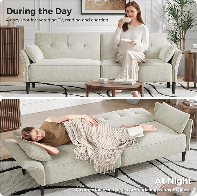 89” Futon Sofa Bed, Comfy Futon Couch Bed with 2 Square Pillows, Convertible Sleeper Sofa with Adjustable Backrest& Armrests, Modern Loveseat Sleeper for Living Room, Bedroom, White