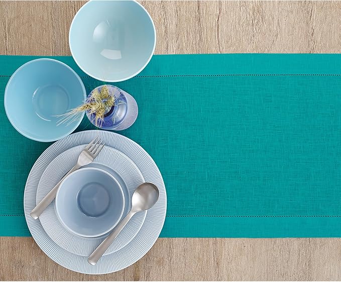 Solino Home Linen Hemstitch Table Runner 48 Inches - 100% Pure Linen Teal Table Runner 14 x 48 Inch Ideal for Dresser and Coffee Tables - Fall, Autumn, Thanksgiving - Classic Hemstitch