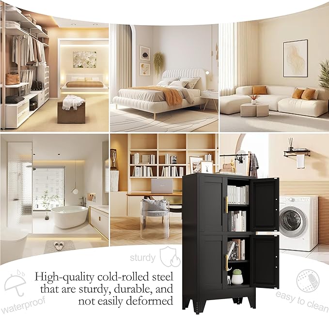 47.25" Metal Storage Cabinet, Black Kitchen Food Storage with 4 Door and 2 Adjustable Shelves, Freestanding Bathroom Cabinet, Pantry for Kitchen Dinning Room, Cupboard