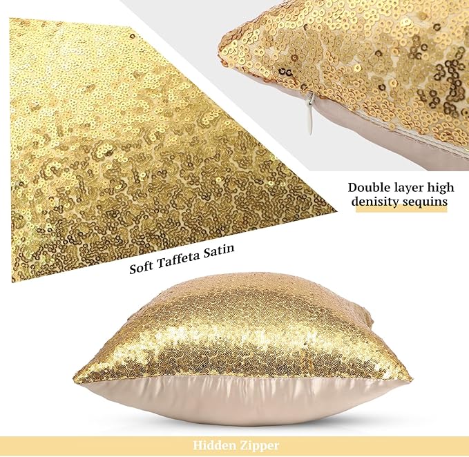 Irenare 4 Pcs Sequin and Fluffy Pillow Covers Winter Throw Pillow Cases Soft Cushion Cover for Couch Bed Sofa Xmas Day(18 x 18 Inch, 12 x 20 Inch,White, Gold)