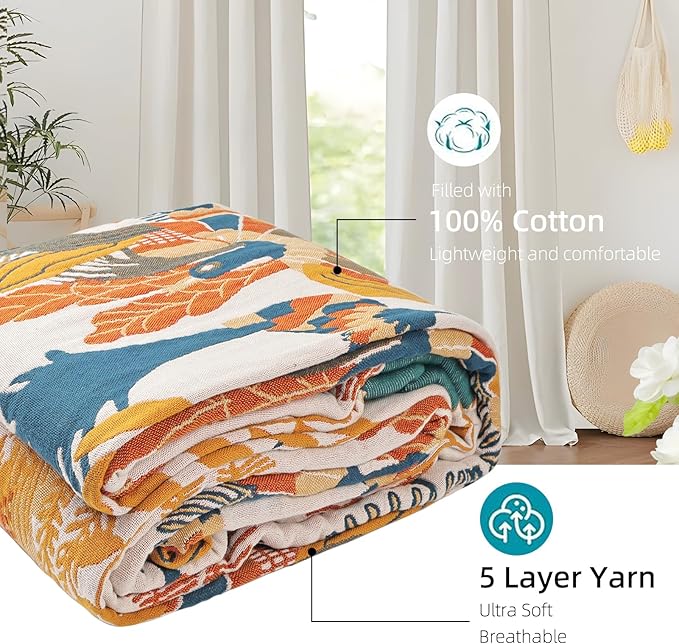 Boho Throw Blanket for Bed - 100% Pure Cotton Ultra Soft Rustic Quilt - Farmhouse Decor Bed Blankets, All Season Rustic Throw for Sofa Couch Chair(80''x 90'', Floral Bird)