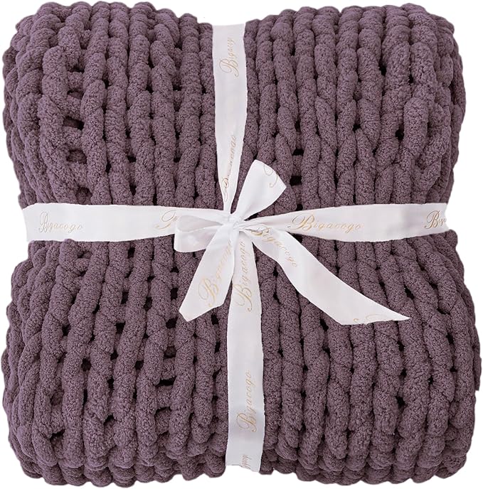 Bigacogo Chunky Knit Throw Blanket for Couch, 51x63 inches, 100% Hand Knitted with Thick Jumbo Chenille Yarn, Cozy Soft Large Rope Knot Cable Crochet Blankets for Sofa Bed Living Room, Winter Grape