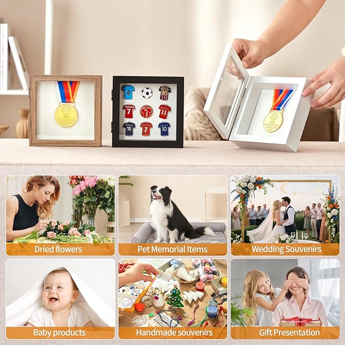 5x5 Deep Shadow Box Picture Frame Display Case with Linen Back ,Real Glass Small Mini Black Shadow Memory Box Frame 5x5 for Insect Display Pet Photo Memorial Flower Art Craft Wall Decor Gift