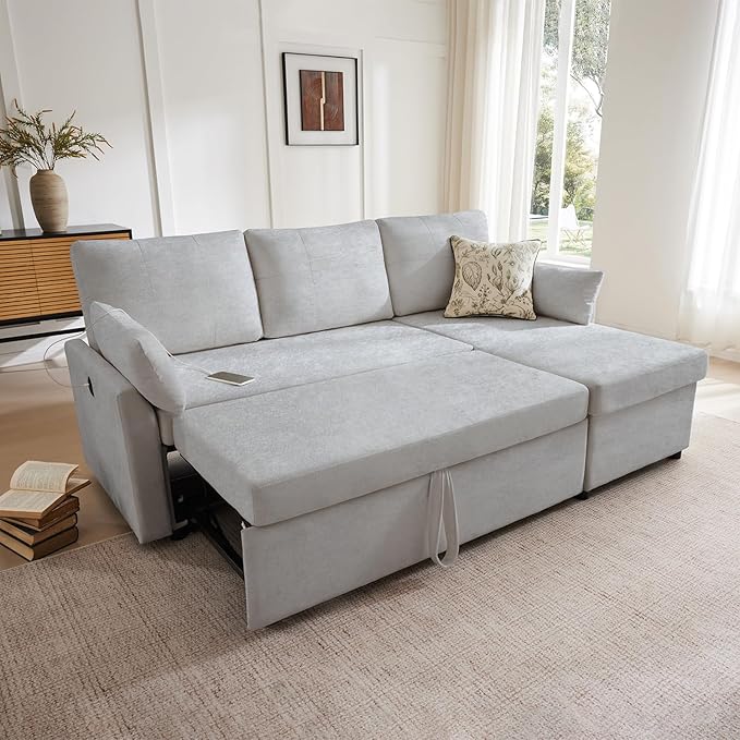 Waxberry Sectional Sofa Couch, Pull Out Couch Sleeper Sofa Bed with Storage for Living Room, Reversible Chaise, Side Pockets & Dual USB/Type-C Ports, Includes 1 Blanket, Grey