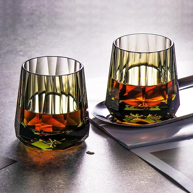 KAMMAK Crystal Whiskey Glasses Set of 2, Handcrafted 6.76oz Old Fashioned Glasses Stemless, Luxury Cocktail Glasses, Hand Blown Scotch Cup for Women, Men Gift for Rocks, Bourbon, Bar Barware