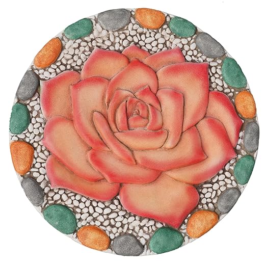 Decorative Rose Garden Stepping Stone - Stepping Stones Outdoor with Colorful Pebble Border, 10x10 inches