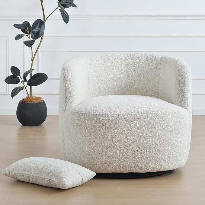 KINWELL 34" Wide Sherpa Swivel Barrel Chair, No Assembly Round Boucle Upholstered Accent Chair Armchair Single Sofa Chair with Toss Pillow for Living Room and Bedroom, Beige