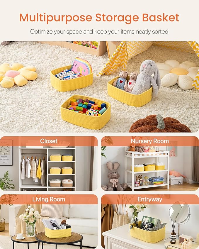 KALLAX Small Woven Basket, 12 x 8 x 4.5 Inches, Storage Basket for Organizing, Cute Small Rope Shelf Closet Cube Storage Bins Baskets for Shelves, Dog Toy Gift Baskets Empty, 3 Pack Yellow