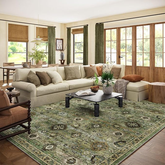 Washable Area Rugs for Living Room: 9x12 Rug Boho Vintage Rugs Stain Resistant Non Slip Low Pile Lightweight Soft Carpets for Bedroom Kitchen Dining Room Nursery Kids Room Farmhouse Home Office