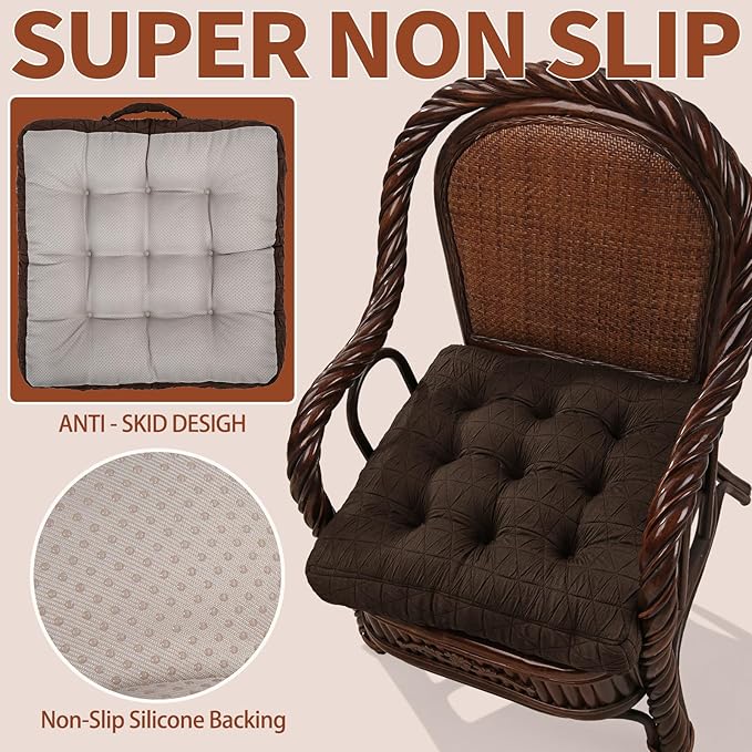 Large Chair Cushions with Handle, 20"x 20" Bite-Size Memory Foam Seat Cushions for Wicker Chair, Patio Non-Slip Rattan Chair Pads, Square Floor Cushion, Brown