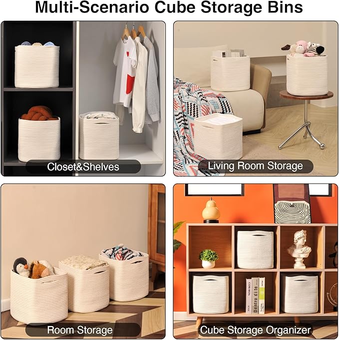 11 Inch Cube Storage Bins, Organizer Bins, Woven Cotton Rope Baskets for Storage, Storage Baskets for Organizing Shelves, White Basket for Toys, Off White (Pack of 3)