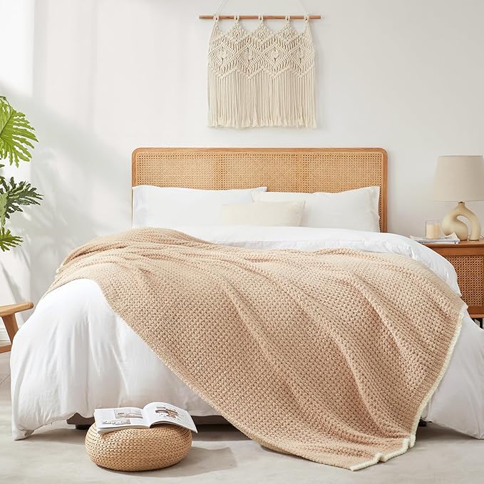 Snuggle Sac Beige Waffle Bedding Blankets Queen Size 90x90 inches, Reversible Microfiber Fluffy Fuzzy Soft Throw Cozy Knit Blanket for Women Mothers Birthday Gifts