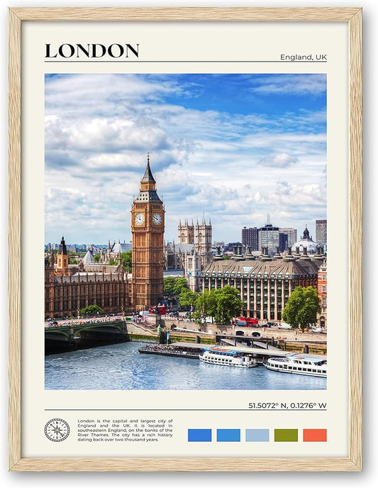 HesenDot Natural OAK Wood Framed London Wall Art,12x16in Cityscape Wall Print Posters,Classic Urban Landmark Wall Decor for Living Room,Bedroom,Office Set of 1