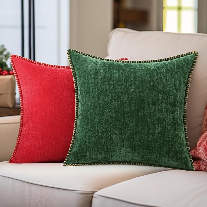 decorUhome Chenille Soft Throw Pillow Covers 20x20 Set of 2, Farmhouse Velvet Neutral Decorative Euro Pillow Covers with Stitched Edge for Couch Sofa Bed Home Decor, Red