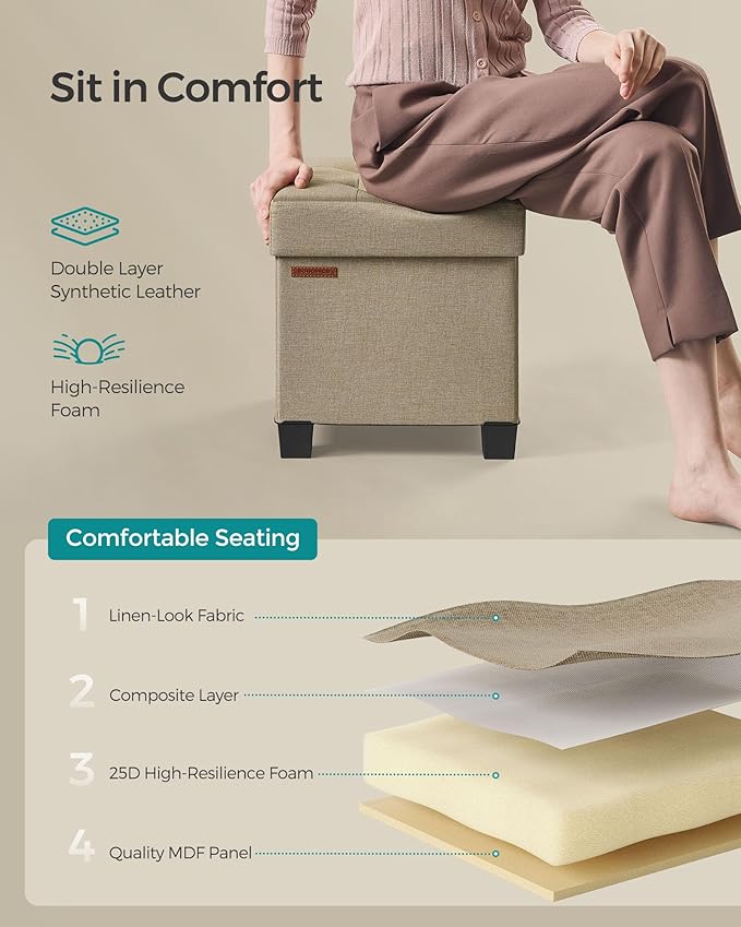 SONGMICS Storage Ottoman, Small Ottoman Foot Rest with Legs, 15 x 15 x 15.7 Inches Foot Stool, Load up to 660 lb, for Living Room, Bedroom, Dorm, Camel Brown ULSF014K01