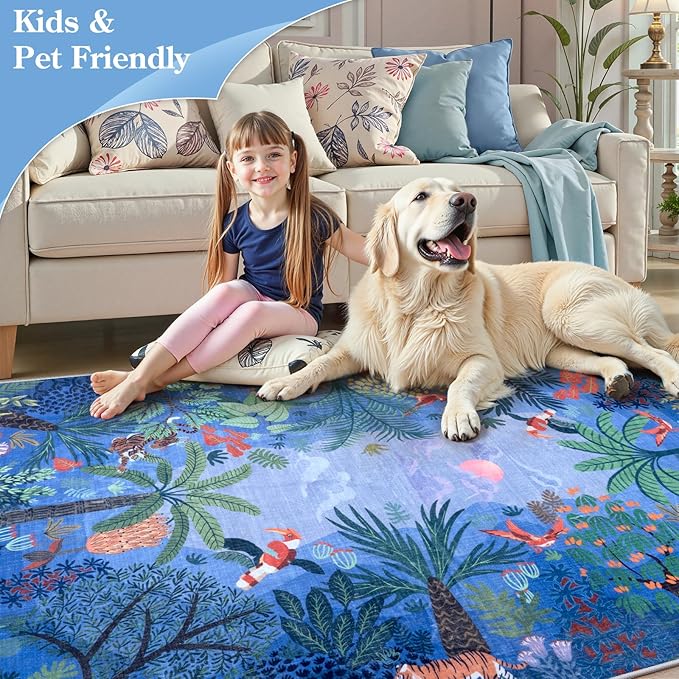 LIVEBOX Washable Jungle Animal Print 5x7 Blue Rug for Living Room, Non-Slip Kids Bedroom Rugs for Boy Playroom Kid Baby Room, Soft Stain Resistant Blue and Green Rug for Nursery Boy Dining