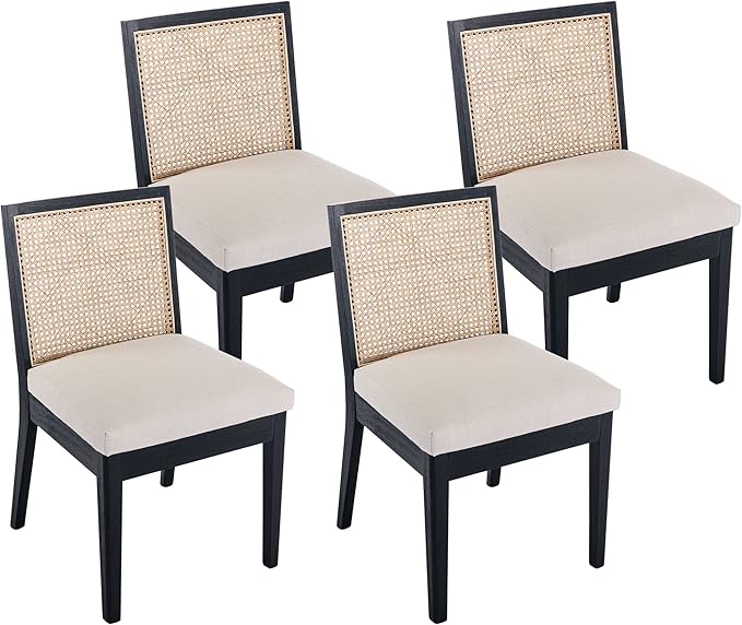 VESCASA Upholstered Dining Chairs with Square Wooden Rattan Back, Armless Padded Linen Cushion Dining Chairs with Wood Legs for Dining Room, Kitchen, Set of 4, Black Frame