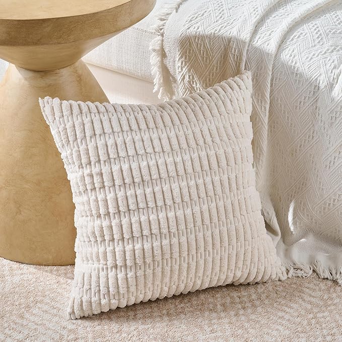 Fancy Homi Set of 4 Grey and White Boho Decorative Throw Pillow Covers 28x28 Inch for Couch Bed Sofa, Aesthetic Modern Bohemian Room Decor, Fuzzy Fluffy Cozy Corduroy Textured Cushion Case 71x71cm