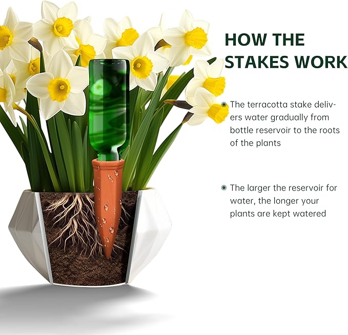 Terracotta Watering Spikes, Wine Bottle Watering Stakes, Slow Release Self Watering Planter Insert for Out | Indoor Plants, Vacation Plant Watering Devices, Automatic Plant Waterer, 4-Pack