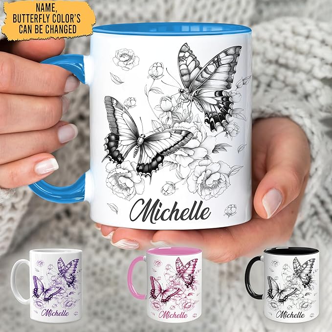 Hyturtle Personalized Blue Butterfly Mug - Butterfly Gifts For Women Lovers - Animal Gift For Bird Lover Her - Bird Gifts For Mom on Mother Day - Custom Name Coffee Cup Ceramic Mug 11 Oz 15 Oz