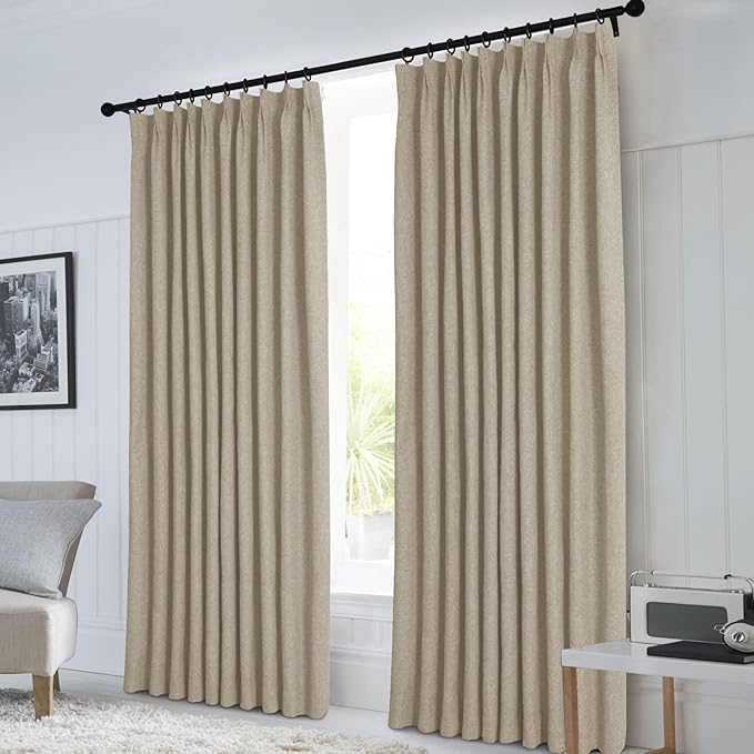 Macochico 100”Wx96”L Pinch Pleated 100% Blackout Linen Curtains Thermal Sliding Curtains for Bedroom Living Room Sliding Glass Door Farmhouse Shabby Chic Light Khaki Drapery with Tieback 1 Panel