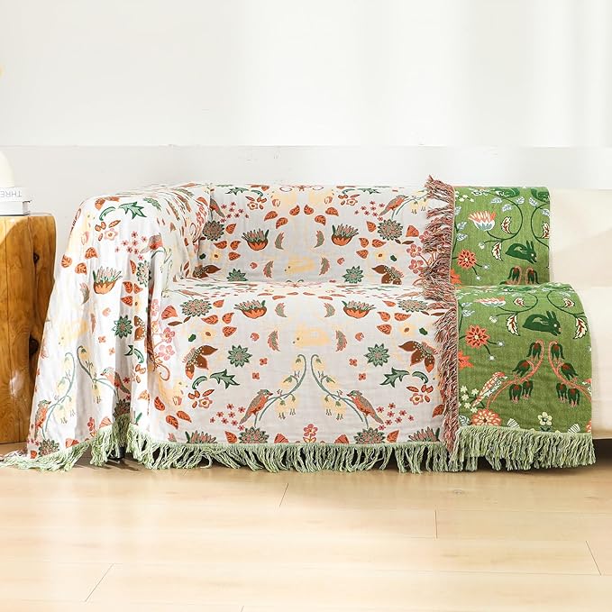 Boho Throw Blanket for Bed, 100% Cotton Ultra Soft Rustic Quilt King Blanket Florals and Animals Printed Farmhouse Decor Large Bed Blankets,90"×98" All Season Rustic Throw for Sofa Couch Chair