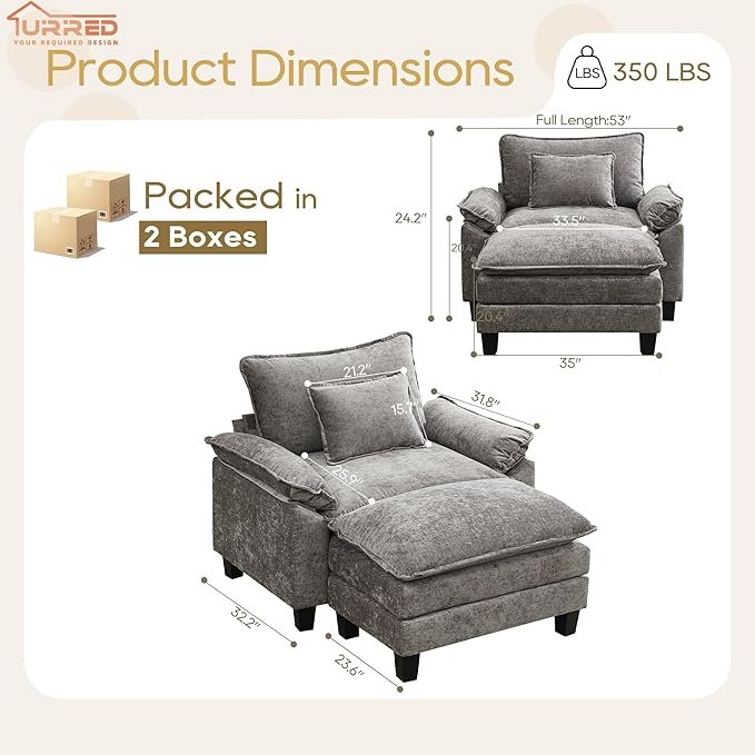 URRED Modular Sectional Sofa Comfy Cloud Couch, Modern Chenille Sofa Sleeper Deep Seat Couches with Ottoman/Pillows for Living Room (Gray, 53''- Ottoman)