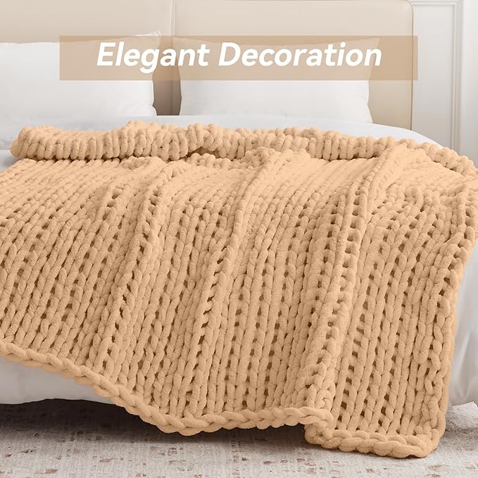 Chunky Knit Throw Blanket, 40''*50'' Knitted Throw Chenille Yarn for Bed Couch, Handmade Beige Crochet Big Thick Blanket, Machine Washable Cute Comfy Blanket for Home Decor