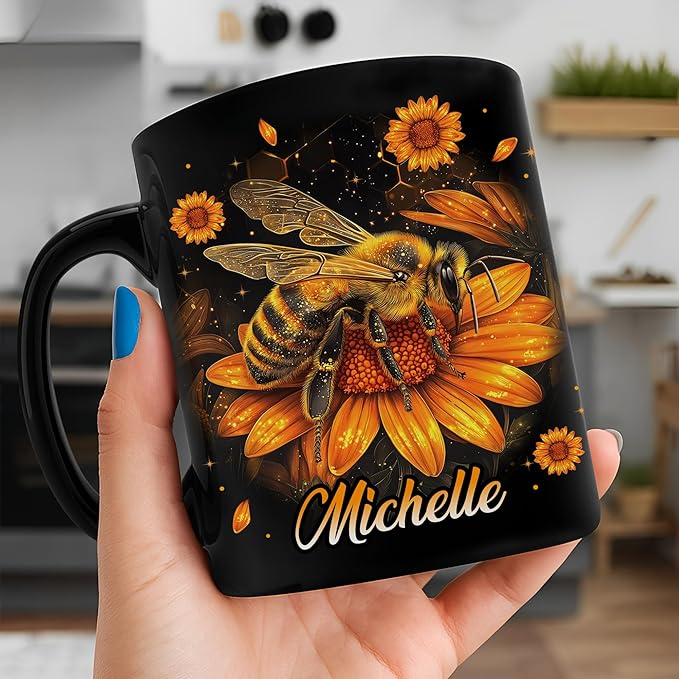 Hyturtle Personalized Sunflower Bee Mug - Bee Keeper Gifts For Women Lovers Teacher - Honey Gifts For Beekeeper Farmer On Birthday - Queen Honeycomb Decor - Custom Coffee Cup Ceramic Mug 11 Oz 15 Oz